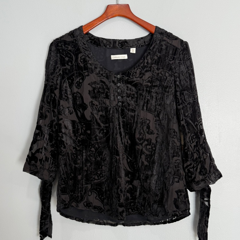 Womens‎ Black Burnout Velvet Paisley Tie Sleeve Blouse M whimsigoth vampire